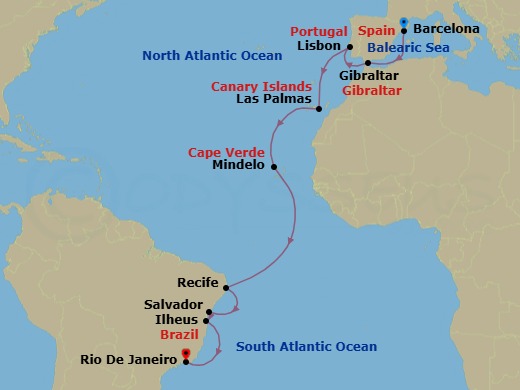 Route map: Barcelona → Gibraltar → Lisbon → Las Palmas (Gran Canaria) → Mindelo (Sao Vicente) → Recife → SALVADOR BAHIA → ILHEUS → Rio de Janeiro