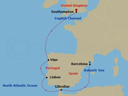 Route map: Barcelona → Gibraltar → Lisbon → Vigo → Southampton