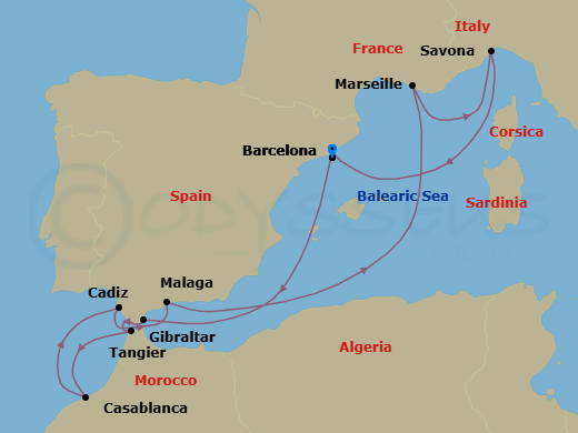 Route map: Barcelona → Gibraltar → Tangier → Casablanca → Cadiz → Malaga → Marseille → Savona → Barcelona