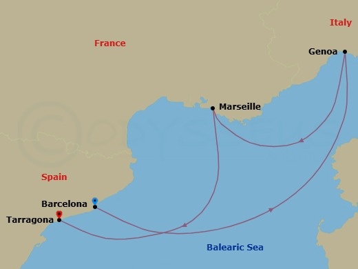 Route map: Barcelona Spain → Genoa (Portofino) Italy → Marseille (Provence) France → Tarragona Spain