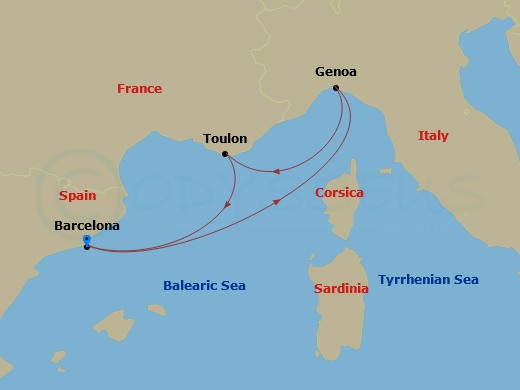 Route map: Barcelona → Genova (Portofino) → La Seyne(StTropez) → Barcelona