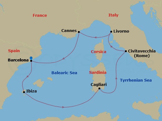 Route map: Barcelona Spain → Ibiza (Baleari Is.) Spain → Cagliari (Sardinia) Italy → Civitavecchia (Rome) Italy → Livorno (Florence) Italy → Cannes (Cote d'Azur) France → Barcelona Spain