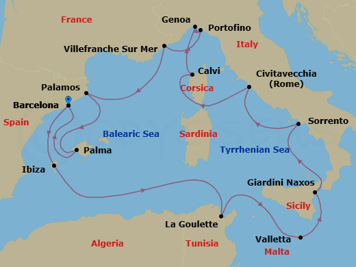 Route map: Barcelona → Ibiza → Tunis/La Goulette → La Valletta → Giardini Naxos → Sorrento → Civitavecchia (Rome) → Calvi (Corsica) → Genoa → Portofino
