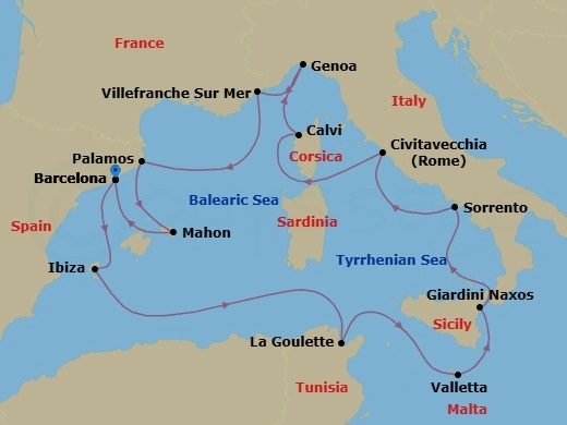 Route map: Barcelona → Ibiza → Tunis/La Goulette → La Valletta → Giardini Naxos → Sorrento → Civitavecchia (Rome) → Calvi (Corsica) → Genoa → Villefranche-Sur-Mer(Nice)