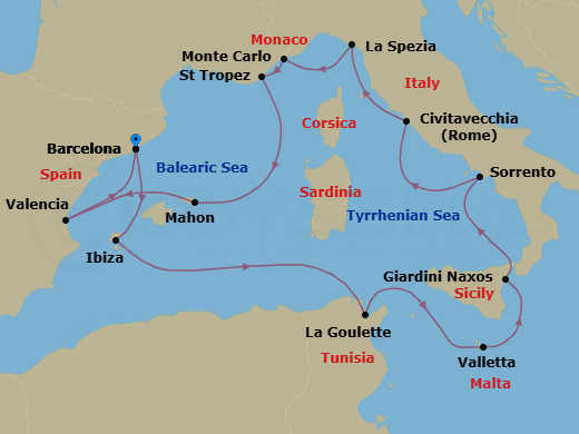 Route map: Barcelona → Ibiza → Tunis/La Goulette → La Valletta → Giardini Naxos → Sorrento → Civitavecchia (Rome) → La Spezia → Monte Carlo → Saint-Tropez
