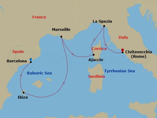 Route map: Barcelona, Spain → Ibiza, Spain → Marseille (Provence), France → Corsica (Ajaccio), France → La Spezia (for Florence/Pisa),Italy → Civitavecchia (for Rome), Italy