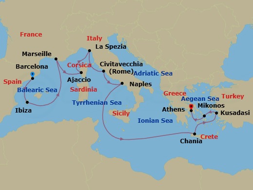 Route map: Barcelona, Spain → Ibiza, Spain → Marseille (Provence), France → Corsica (Ajaccio), France → La Spezia (for Florence/Pisa),Italy → Civitavecchia (for Rome), Italy → Naples, Italy (for Capri & Pompeii) → Crete (Chania), Greece → Kusadasi, Turkey (for Ephesus) → Mykonos, Greece