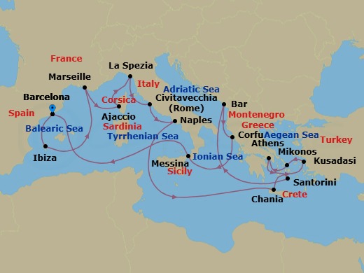 Route map: Barcelona, Spain → Ibiza, Spain → Marseille (Provence), France → Corsica (Ajaccio), France → La Spezia (for Florence/Pisa),Italy → Civitavecchia (for Rome), Italy → Naples, Italy (for Capri & Pompeii) → Crete (Chania), Greece → Kusadasi, Turkey (for Ephesus) → Mykonos, Greece