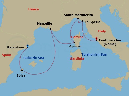 Route map: Barcelona, Spain → Ibiza, Spain → Marseille (Provence), France → Corsica (Ajaccio), France → Santa Margherita, Italy → La Spezia (for Florence/Pisa),Italy → Civitavecchia (for Rome), Italy