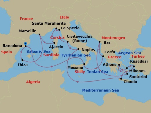 Route map: Barcelona, Spain → Ibiza, Spain → Marseille (Provence), France → Corsica (Ajaccio), France → Santa Margherita, Italy → La Spezia (for Florence/Pisa),Italy → Civitavecchia (for Rome), Italy → Naples, Italy (for Capri & Pompeii) → Crete (Chania), Greece → Kusadasi, Turkey (for Ephesus)