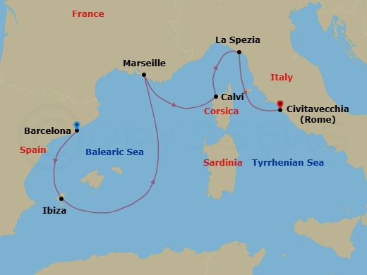 Route map: Barcelona, Spain → Ibiza, Spain → Marseille, France → Calvi, Corsica, France → La Spezia (tours to Florence or Pisa), Italy → Civitavecchia (tours to Rome),Italy