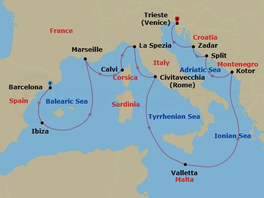 Route map: Barcelona, Spain → Ibiza, Spain → Marseille, France → Calvi, Corsica, France → La Spezia (tours to Florence or Pisa), Italy → Civitavecchia (tours to Rome),Italy → Valletta, Malta → Kotor, Montenegro → Split, Croatia → Zadar, Croatia