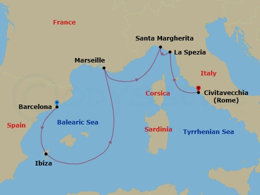 Route map: Barcelona, Spain → Ibiza, Spain → Marseille, France → Santa Margherita Ligure,      Genoa, Italy → La Spezia (tours to Florence or Pisa), Italy → Civitavecchia (tours to Rome),Italy