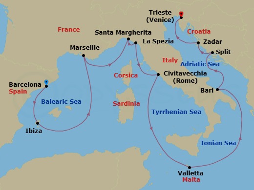 Route map: Barcelona, Spain → Ibiza, Spain → Marseille, France → Santa Margherita Ligure,      Genoa, Italy → La Spezia (tours to Florence or Pisa), Italy → Civitavecchia (tours to Rome),Italy → Valletta, Malta → Bari, Italy → Split, Croatia → Zadar, Croatia
