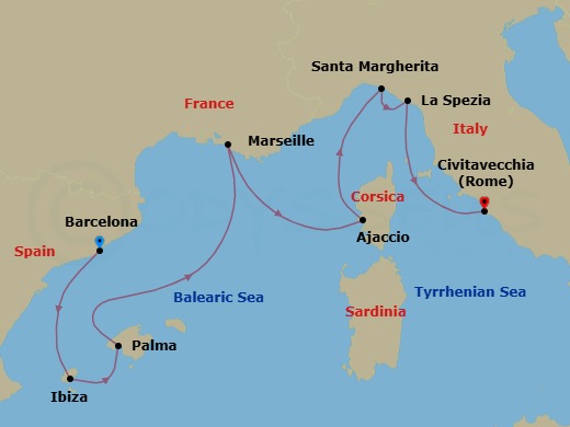 Route map: Barcelona, Spain → Ibiza, Spain → Mallorca (Palma), Spain → Marseille (Provence), France → Corsica (Ajaccio), France → Santa Margherita, Italy → La Spezia (for Florence/Pisa),Italy → Civitavecchia (for Rome), Italy