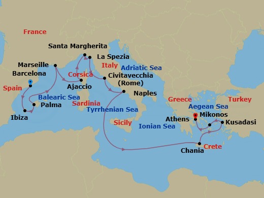 Route map: Barcelona, Spain → Ibiza, Spain → Mallorca (Palma), Spain → Marseille (Provence), France → Corsica (Ajaccio), France → Santa Margherita, Italy → La Spezia (for Florence/Pisa),Italy → Civitavecchia (for Rome), Italy → Naples, Italy (for Capri & Pompeii) → Crete (Chania), Greece