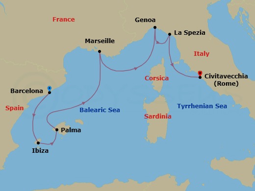 Route map: Barcelona, Spain → Ibiza, Spain → Mallorca (Palma), Spain → Marseille (Provence), France → Genoa (for Cinque Terre), Italy → La Spezia (for Florence/Pisa),Italy → Civitavecchia (for Rome), Italy