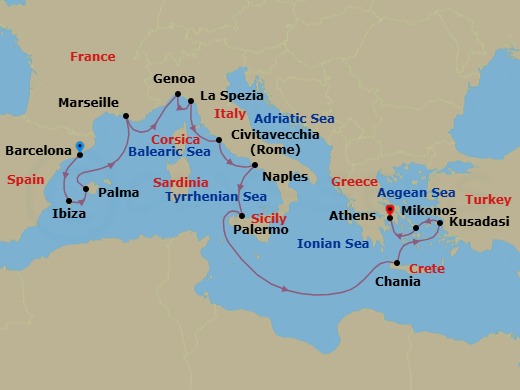 Route map: Barcelona, Spain → Ibiza, Spain → Mallorca (Palma), Spain → Marseille (Provence), France → Genoa (for Cinque Terre), Italy → La Spezia (for Florence/Pisa),Italy → Civitavecchia (for Rome), Italy → Naples, Italy (for Capri & Pompeii) → Sicily (Palermo), Italy → Crete (Chania), Greece