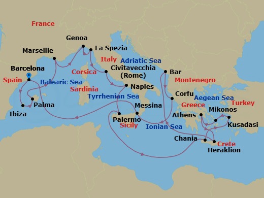 Route map: Barcelona, Spain → Ibiza, Spain → Mallorca (Palma), Spain → Marseille (Provence), France → Genoa (for Cinque Terre), Italy → La Spezia (for Florence/Pisa),Italy → Civitavecchia (for Rome), Italy → Naples, Italy (for Capri & Pompeii) → Sicily (Palermo), Italy → Crete (Chania), Greece