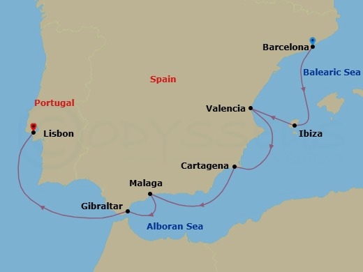 Route map: Barcelona → Ibiza → Valencia → Cartagena → Malaga → Gibraltar → Lisbon