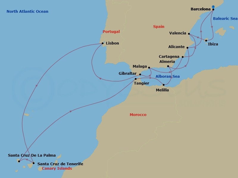 Route map: Barcelona → Ibiza → Valencia → Cartagena → Malaga → Gibraltar → Lisbon → Santa Cruz De Tenerife → Santa Cruz De La Palma → Tangier
