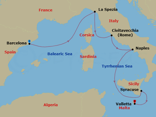 Route map: Barcelona → La Spezia → Civitavecchia (Rome) → Port Of Naples → Siracusa (Sicily) → La Valletta