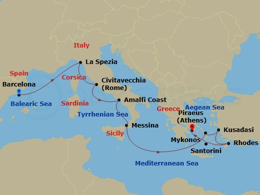 Route map: Barcelona, Spain → Florence/Pisa(Laspezia)Italy → Rome (Civitavecchia), Italy → Amalfi Coast (Salerno),Italy → Sicily (Messina), Italy → Mykonos, Greece → Ephesus (Kusadasi), Turkey → Rhodes, Greece → Santorini, Greece → Athens (Piraeus), Greece