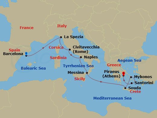 Route map: Barcelona, Spain → Florence/Pisa(Laspezia)Italy → Rome (Civitavecchia), Italy → Naples, Italy → Sicily (Messina), Italy → Chania (Souda),Crete, Greece → Mykonos, Greece → Santorini, Greece → Athens (Piraeus), Greece