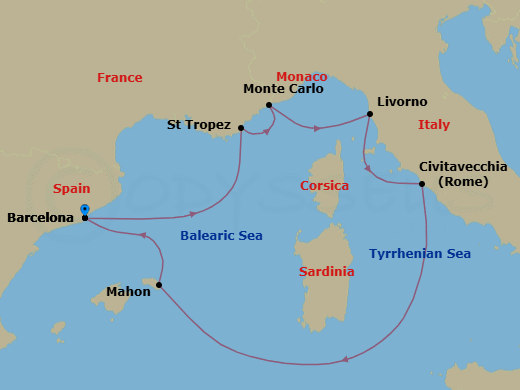 Route map: Barcelona → Saint-Tropez → Monte Carlo → Livorno (Florence) → Civitavecchia (Rome) → Mahon (Menorca) → Barcelona
