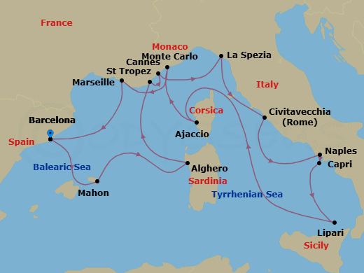 Route map: Barcelona → Mahon (Menorca) → Alghero (Sardinia) → Saint-Tropez → Cannes → La Spezia → Civitavecchia (Rome) → Port Of Naples → Capri → Lipari (Aeolian Islands)