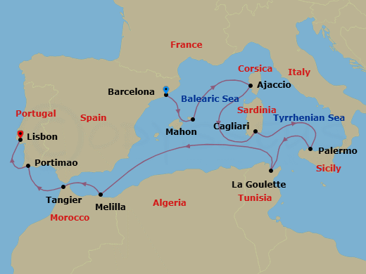 Route map: Barcelona → Porto Mahon → Ajaccio (Corsica) → Cagliari (Sardinia) → Palermo, Sicily → Tunis (La Goulette) → Melilla → Tangier → Portimao → Lisbon