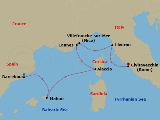 Route map: Barcelona → Genoa (Portofino) Italien → Alaccio → Cannes → Nice (Villefranche-sur-Mer) → Livorno → Rome (Civitavecchia)