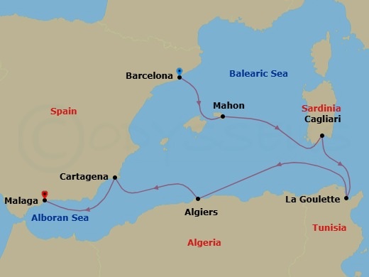 Route map: Barcelona → Genoa (Portofino) Italien → Cagliari → La Goulette → Malaga → Cartagena → Malaga