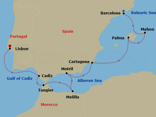 Route map: Barcelona, Spain → Mahon, Menorca, Spain → Palma de Mallorca, Spain → Cartagena, Spain → Motril (Granada), Spain → Melilla, Spanish Morocco, Spain → Tangier, Morocco → Cadiz (Seville), Spain → Lisbon, Portugal