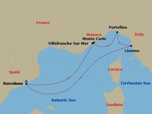 Route map: Barcelona → Monte Carlo → Villefranche → Portofino → Livorno (Tuscany) → Barcelona