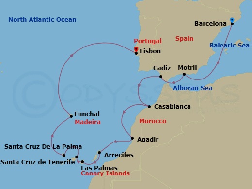 Route map: Barcelona → Granada (Motril) → Cadiz → Casablanca → Agadir → Arrecife (Lanzarote) → Las Palmas De Gran Canaria → Santa Cruz De Tenerife → Santa Cruz De La Palma → Funchal (Madeira)