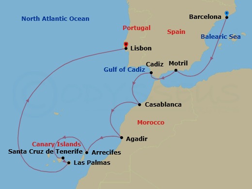 Route map: Barcelona, Spain → Motril, Spain → Cadiz  Seville, Spain → Casablanca, Morocco → Agadir, Morocco → Arrecife, Spain → Santa Cruz De Tenerife, Spain → Las Palmas  Gran Canaria, Spain → Lisbon, Portugal