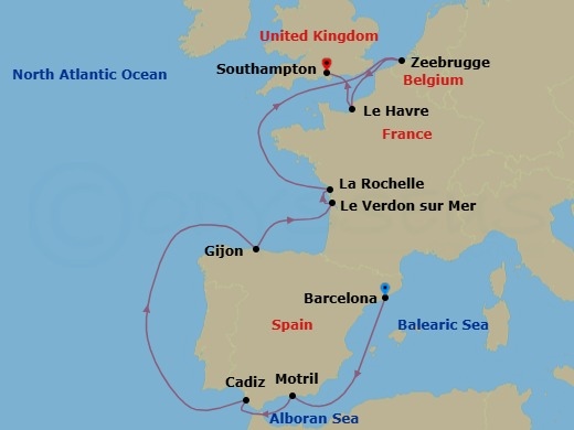 Route map: Barcelona, Spain → Motril, Spain → Cadiz  Seville, Spain → Gijon, Spain → Le Verdon  Bordeaux, France → La Rochelle, France → Zeebrugge  Brussels Brugge, Belgium → Le Havre  Paris, France → London (Southampton), England, Great Britain