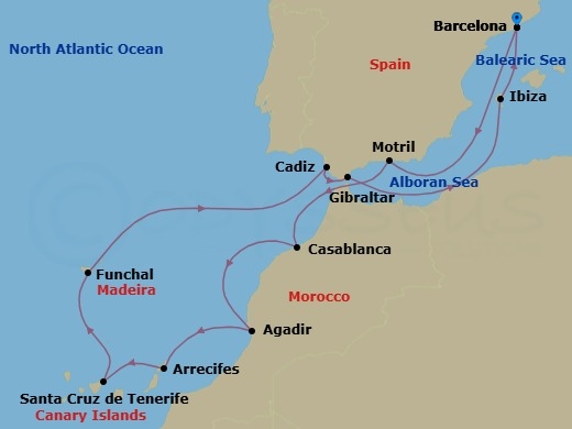 Route map: Barcelona, Spain → Motril, Spain → Casablanca, Morocco → Agadir, Morocco → Arrecife, Spain → Santa Cruz De Tenerife, Spain → Funchal, Portugal → Cadiz  Seville, Spain → Gibraltar → Ibiza, Spain