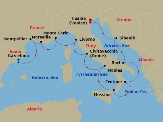 Route map: Barcelona → Sete → Marseille → Monte Carlo → Florence/Pisa (Livorno) → Rome (Civitavecchia) → Naples → Sicily (Messina) → Crotone → Bari