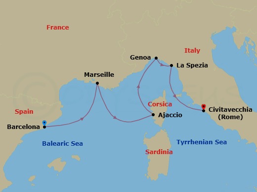 Route map: Barcelona, Spain → Marseille (Provence), France → Corsica (Ajaccio), France → Genoa (for Cinque Terre), Italy → La Spezia (for Florence/Pisa),Italy → Civitavecchia (for Rome), Italy