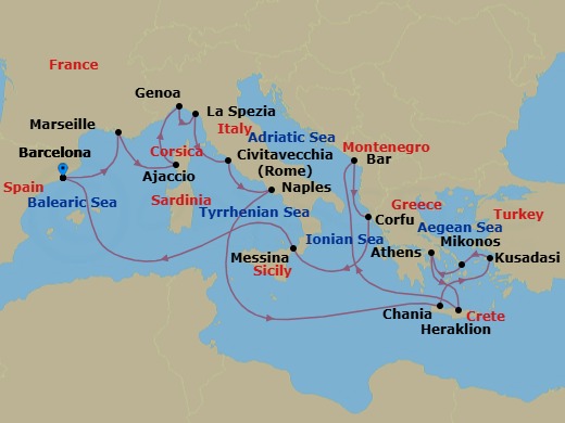 Route map: Barcelona, Spain → Marseille (Provence), France → Corsica (Ajaccio), France → Genoa (for Cinque Terre), Italy → La Spezia (for Florence/Pisa),Italy → Civitavecchia (for Rome), Italy → Naples, Italy (for Capri & Pompeii) → Crete (Chania), Greece → Kusadasi, Turkey (for Ephesus) → Mykonos, Greece