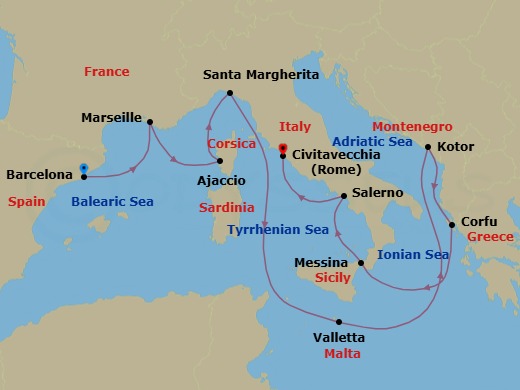 Route map: Barcelona, Spain → Marseille (Provence), France → Corsica (Ajaccio), France → Santa Margherita, Italy → Valletta, Malta → Kotor, Montenegro → Corfu, Greece → Sicily (Messina), Italy → Amalfi Coast (Salerno) → Civitavecchia (for Rome), Italy