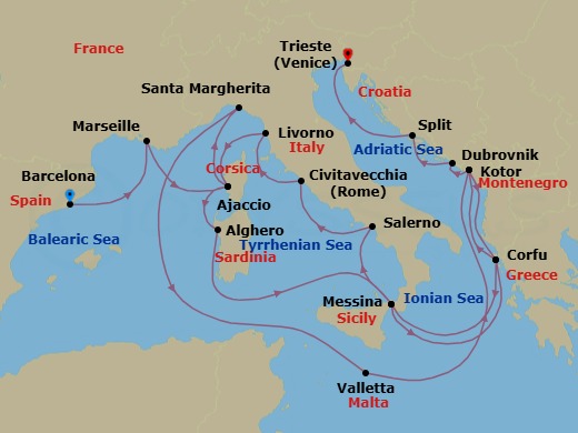 Route map: Barcelona, Spain → Marseille (Provence), France → Corsica (Ajaccio), France → Santa Margherita, Italy → Valletta, Malta → Kotor, Montenegro → Corfu, Greece → Sicily (Messina), Italy → Amalfi Coast (Salerno) → Civitavecchia (for Rome), Italy