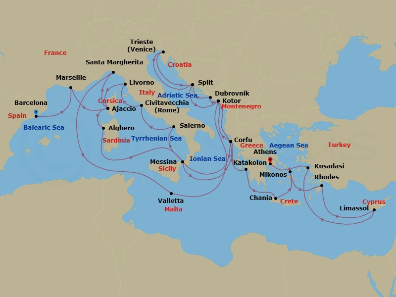 Route map: Barcelona, Spain → Marseille (Provence), France → Corsica (Ajaccio), France → Santa Margherita, Italy → Valletta, Malta → Kotor, Montenegro → Corfu, Greece → Sicily (Messina), Italy → Amalfi Coast (Salerno) → Civitavecchia (for Rome), Italy