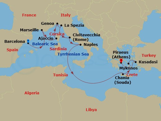 Route map: Barcelona, Spain → Marseille (Provence), France → Corsica (Ajaccio), France → Genoa (for Cinque Terre), Italy → La Spezia (for Florence/Pisa),Italy → Civitavecchia (for Rome), Italy → Naples, Italy (for Capri & Pompeii) → Crete (Chania), Greece → Kusadasi, Turkey (for Ephesus) → Mykonos, Greece