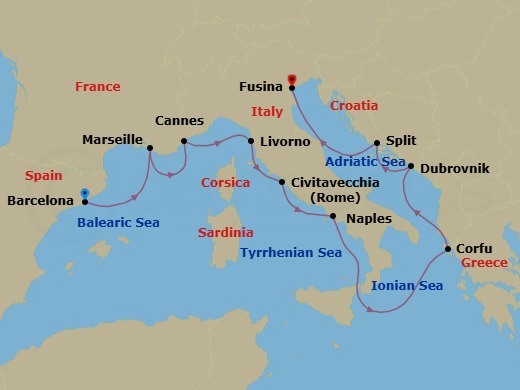 Route map: Barcelona → Marseille → Cannes → Florence/Pisa (Livorno) → Rome (Civitavecchia) → Naples → Corfu (Kerkyra) → Dubrovnik → Split → Venice (Fusina)