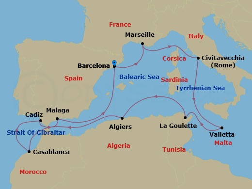 Route map: Barcelona → Marseille → Rome (Civitavecchia) → Valletta → Tunis (La Goulette) → Algiers → Casablanca → Seville (Cadiz) → Granada (Malaga) → Barcelona