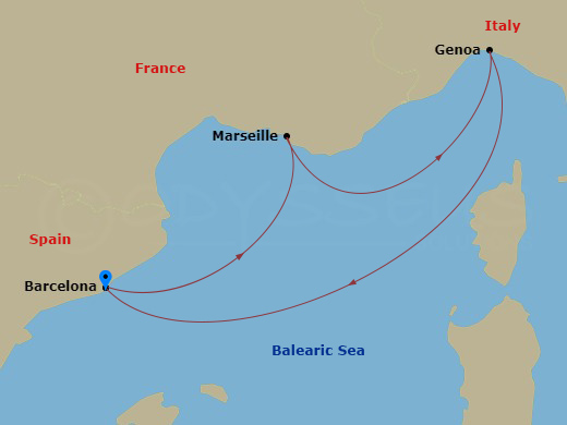 Route map: Barcelona Spain → Marseille (Provence) France → Genoa (Portofino) Italy → Barcelona Spain