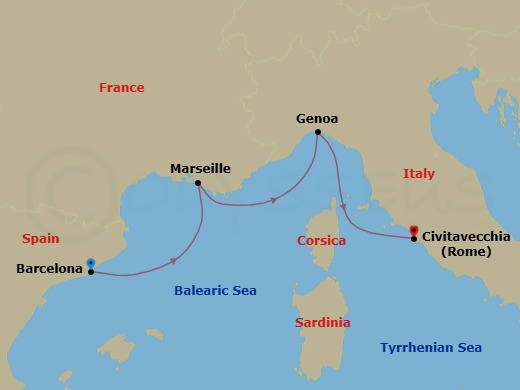 Route map: Barcelona → Marseille → Genoa → Rome (Civitavecchia)